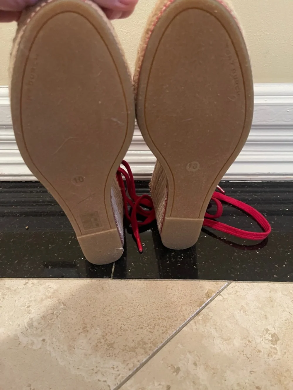 NWOT TORY BURCH red Destination Wedge Espadrilles with ankle/calf laces in sz 10